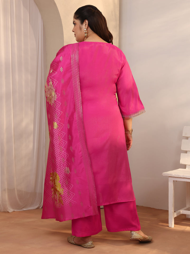 Plus Size Pink Embroidered Silk blend Straight Suit Set With Dupatta