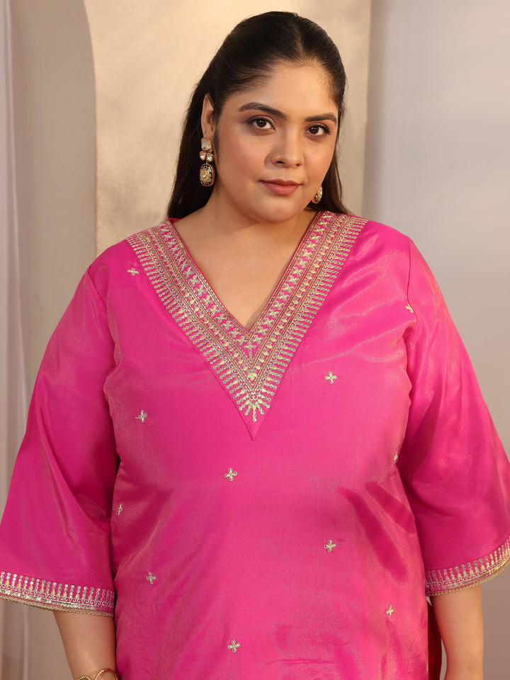 Plus Size Pink Embroidered Silk blend Straight Suit Set With Dupatta