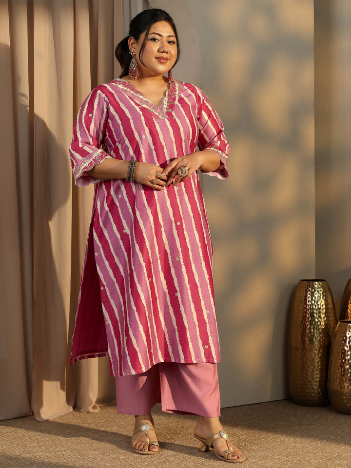 Plus Size Leheriya Printed Silk Blend Straight Suit Set With Dupatta