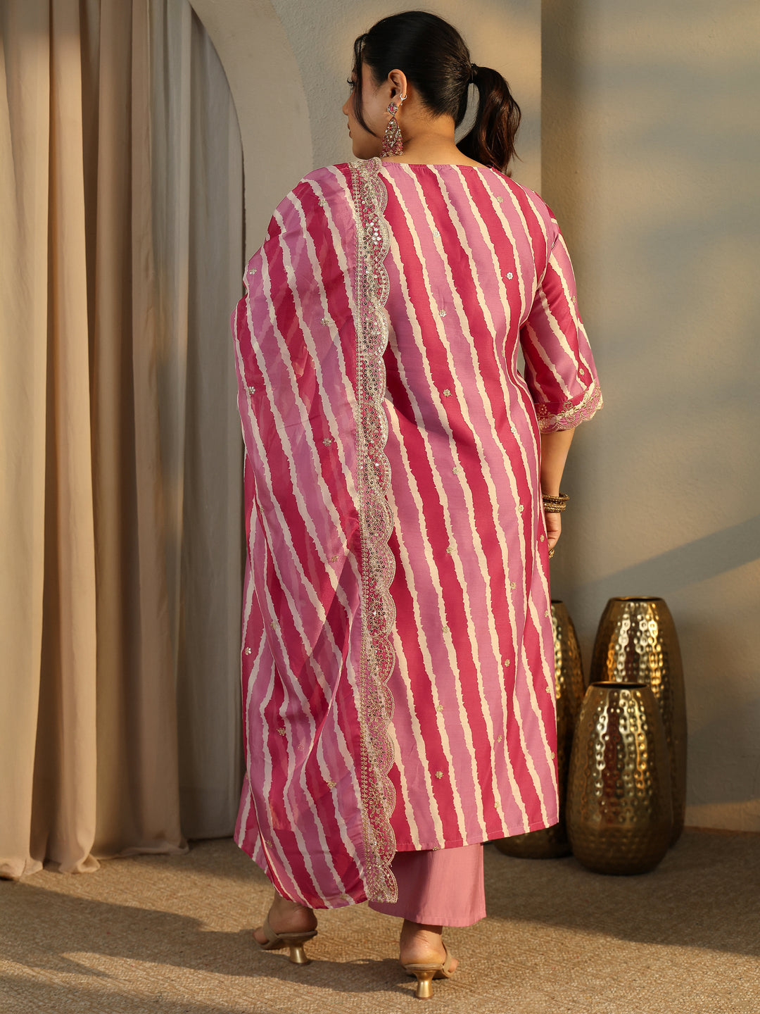 Plus Size Leheriya Printed Silk Blend Straight Suit Set With Dupatta