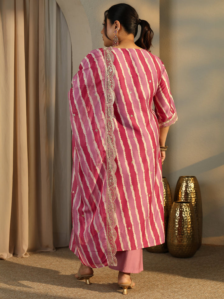 Plus Size Leheriya Printed Silk Blend Straight Suit Set With Dupatta