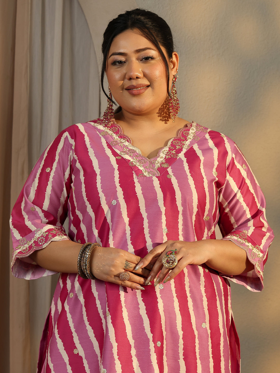 Plus Size Leheriya Printed Silk Blend Straight Suit Set With Dupatta