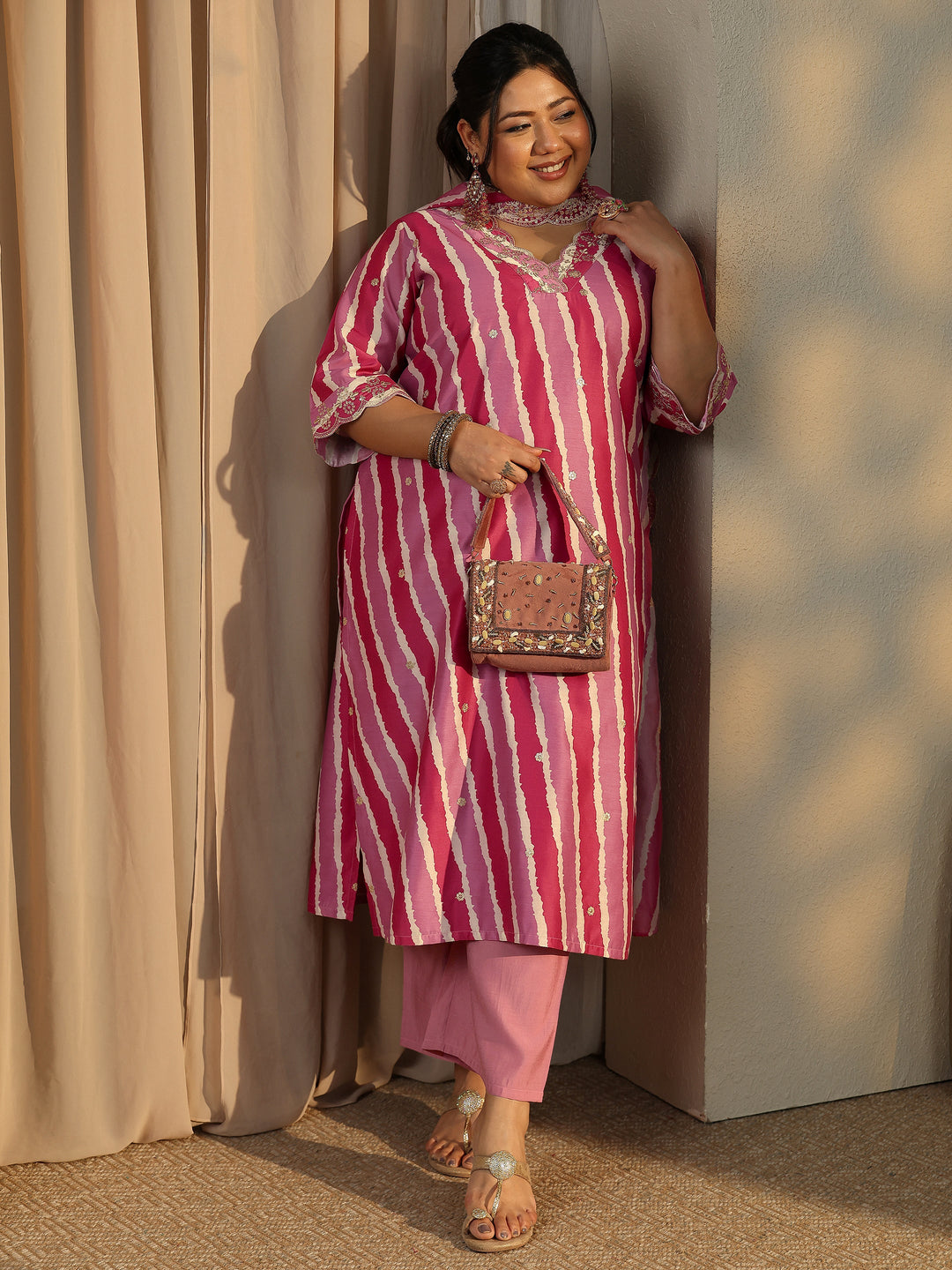 Plus Size Leheriya Printed Silk Blend Straight Suit Set With Dupatta