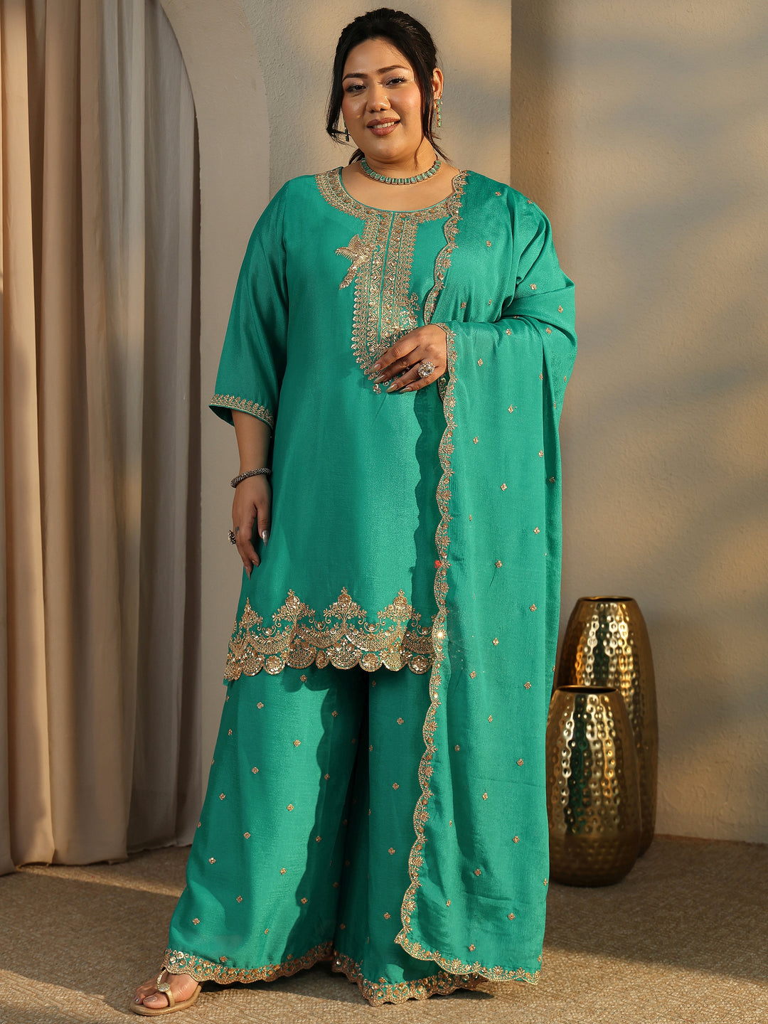 Plus Size Green Embroidered Chinon Straight Suit Set With Dupatta