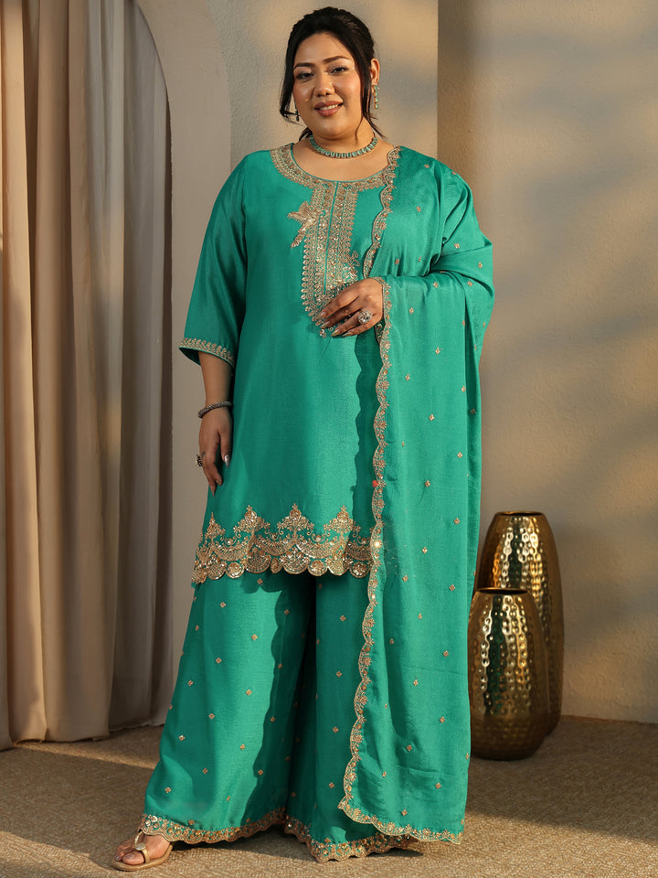 Plus Size Green Embroidered Chinon Straight Suit Set With Dupatta