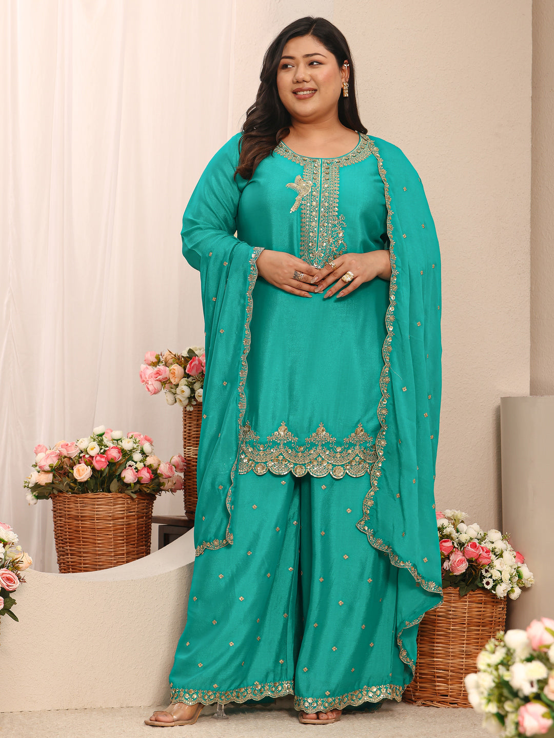 Plus Size Green Embroidered Chinon Straight Suit Set With Dupatta
