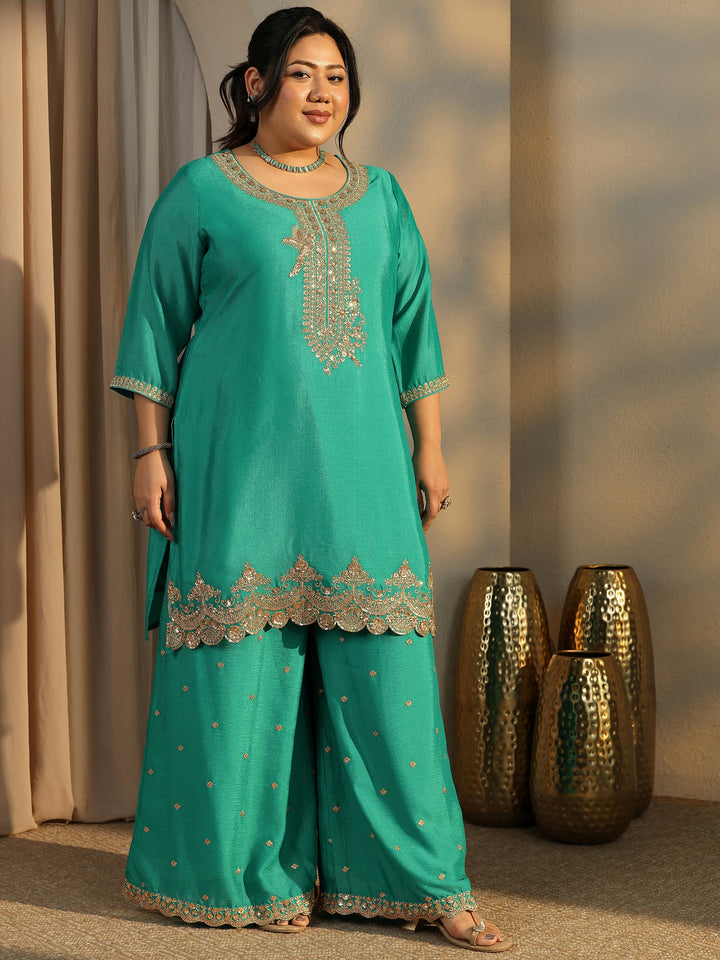 Plus Size Green Embroidered Chinon Straight Suit Set With Dupatta