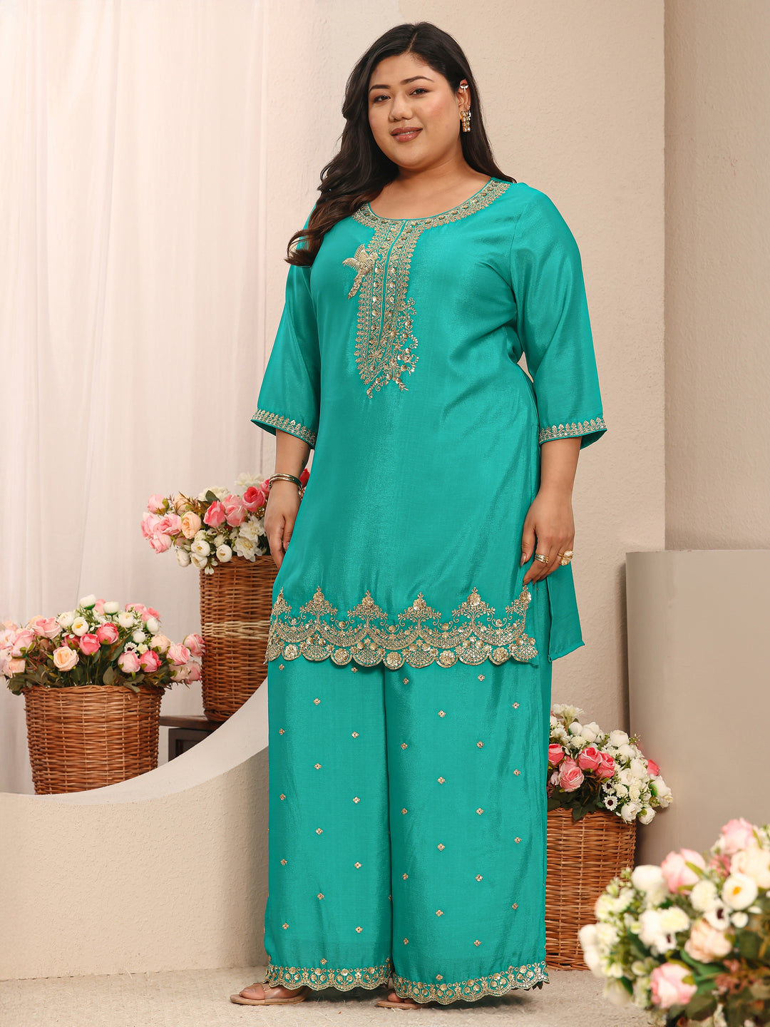 Plus Size Green Embroidered Chinon Straight Suit Set With Dupatta
