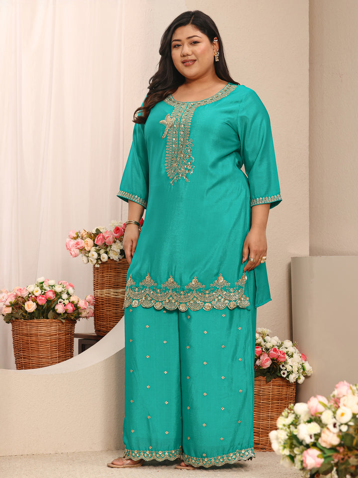 Plus Size Green Embroidered Chinon Straight Suit Set With Dupatta