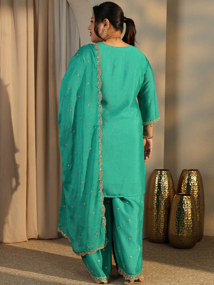 Plus Size Green Embroidered Chinon Straight Suit Set With Dupatta
