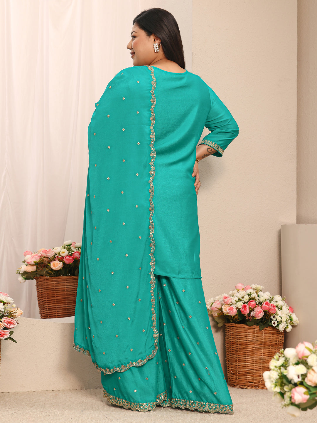 Plus Size Green Embroidered Chinon Straight Suit Set With Dupatta