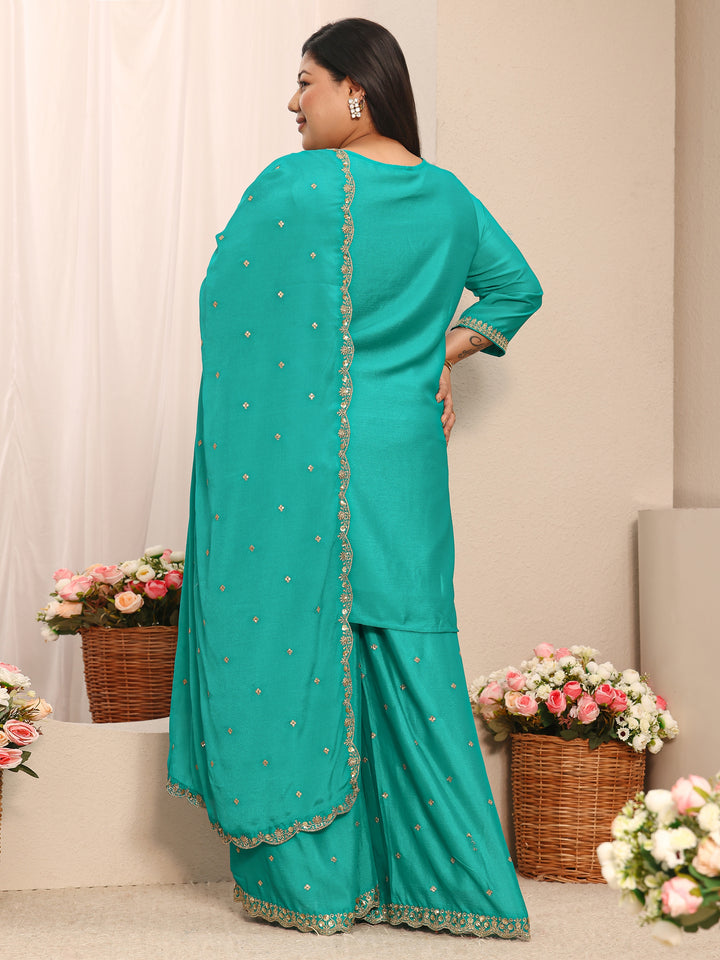 Plus Size Green Embroidered Chinon Straight Suit Set With Dupatta
