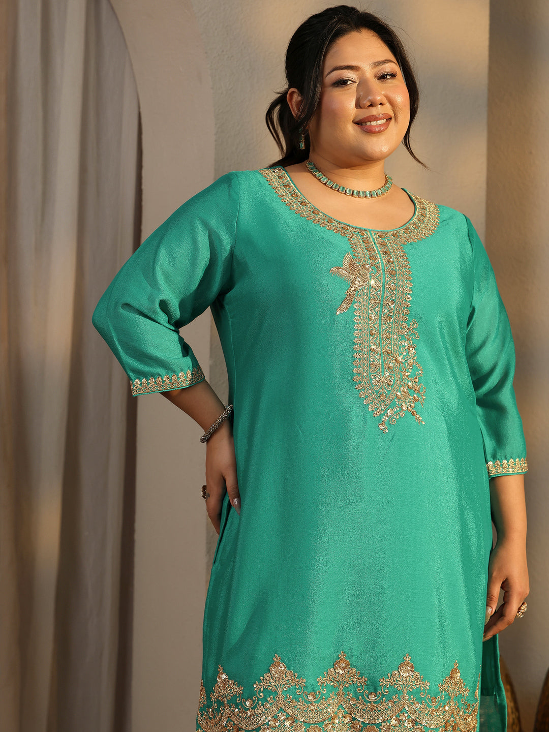Plus Size Green Embroidered Chinon Straight Suit Set With Dupatta