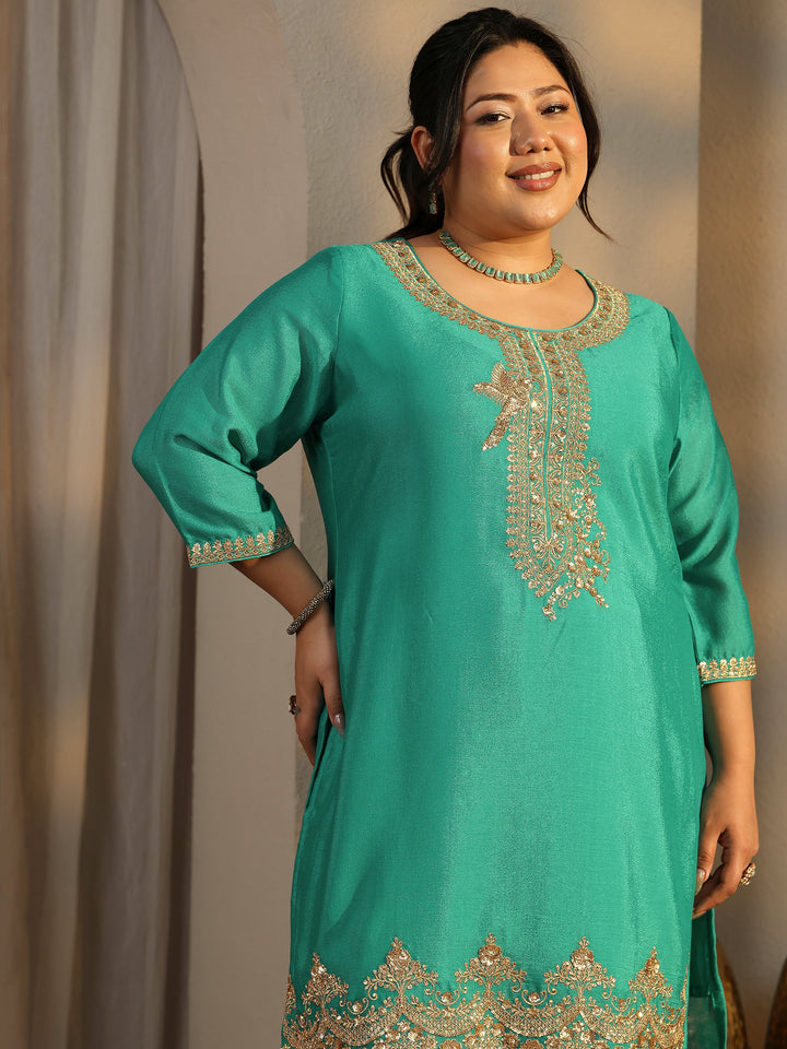 Plus Size Green Embroidered Chinon Straight Suit Set With Dupatta