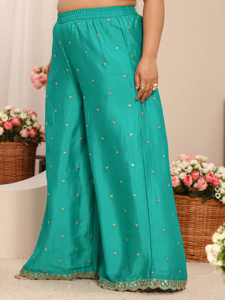 Plus Size Green Embroidered Chinon Straight Suit Set With Dupatta