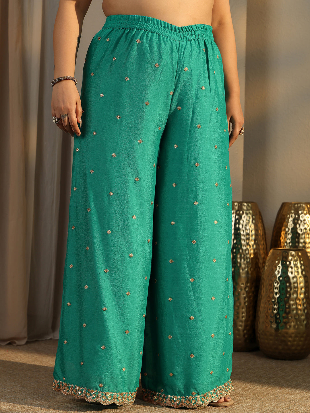 Plus Size Green Embroidered Chinon Straight Suit Set With Dupatta