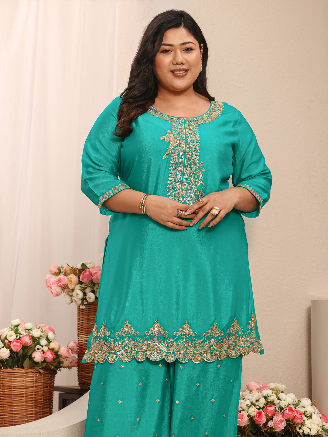 Plus Size Green Embroidered Chinon Straight Suit Set With Dupatta