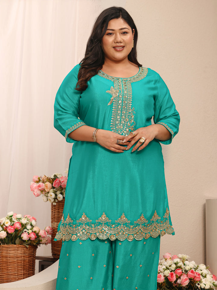 Plus Size Green Embroidered Chinon Straight Suit Set With Dupatta