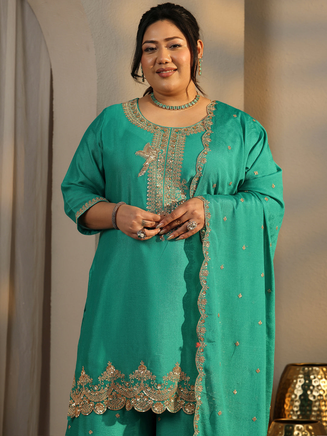 Plus Size Green Embroidered Chinon Straight Suit Set With Dupatta