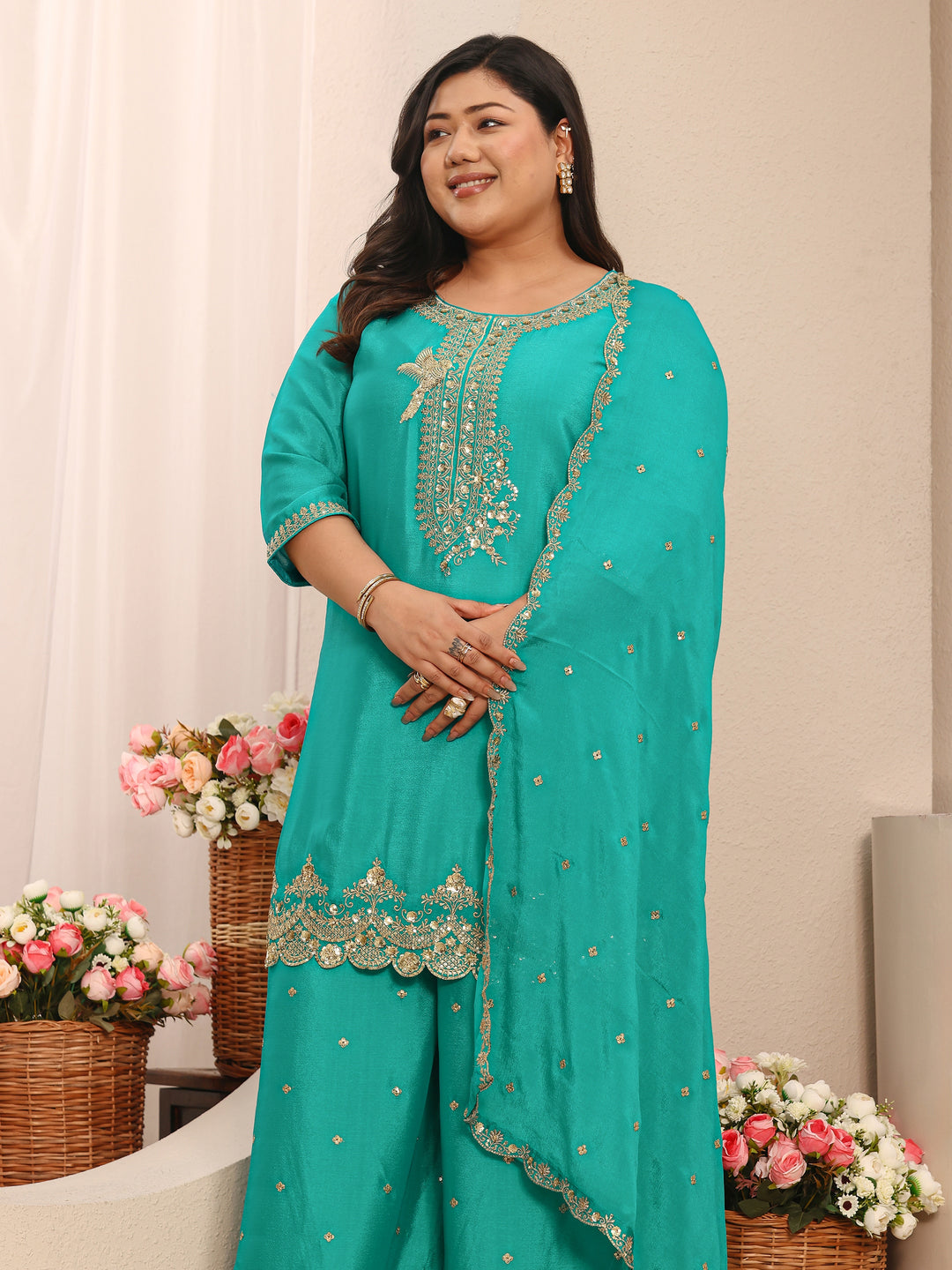 Plus Size Green Embroidered Chinon Straight Suit Set With Dupatta