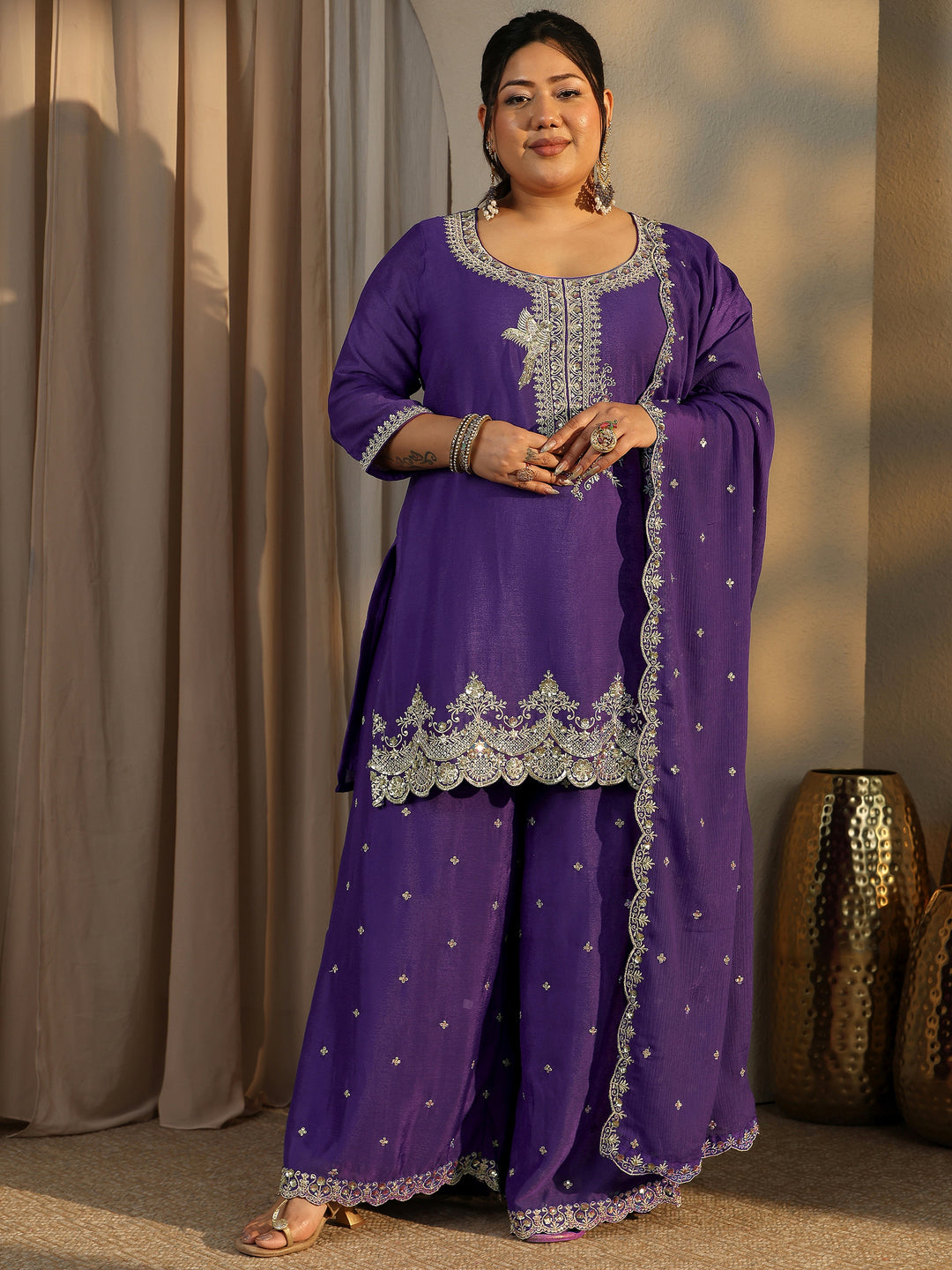 Plus Size Purple Embroidered Chinon Straight Suit Set With Dupatta