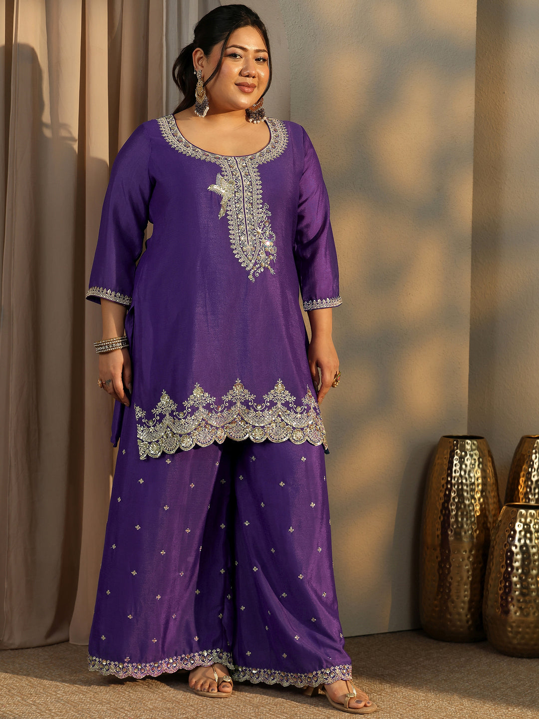 Plus Size Purple Embroidered Chinon Straight Suit Set With Dupatta