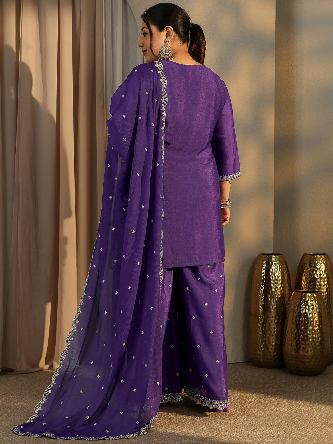 Plus Size Purple Embroidered Chinon Straight Suit Set With Dupatta