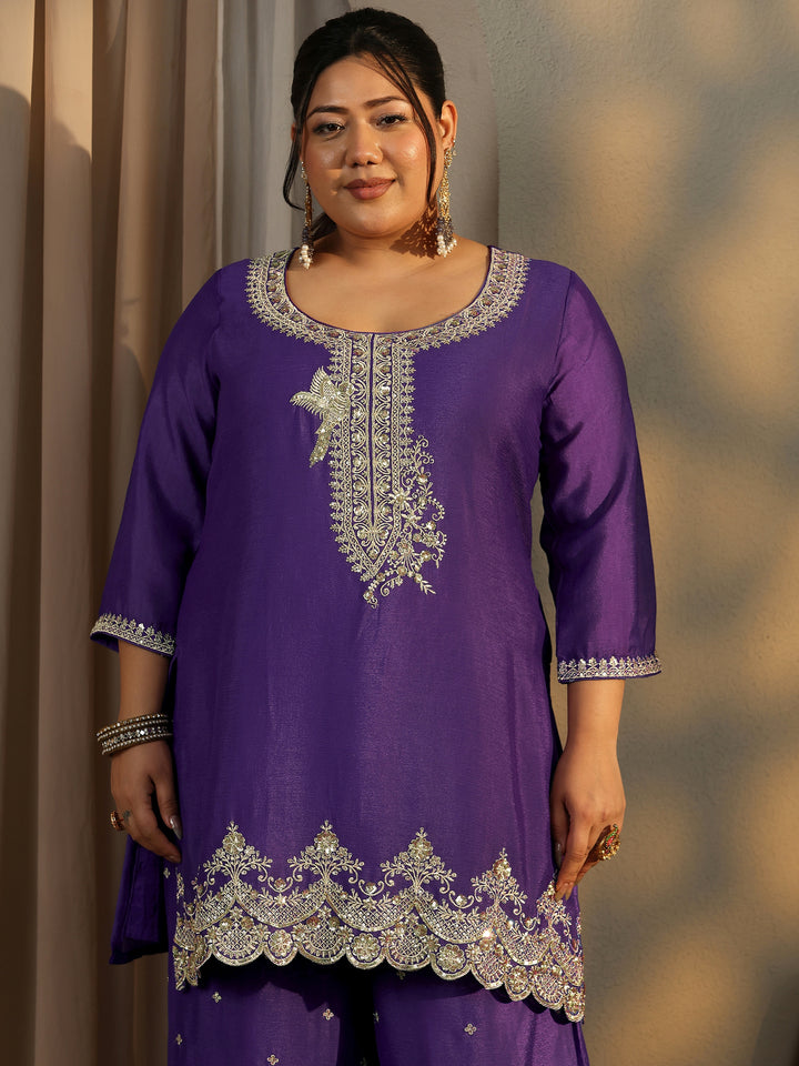 Plus Size Purple Embroidered Chinon Straight Suit Set With Dupatta