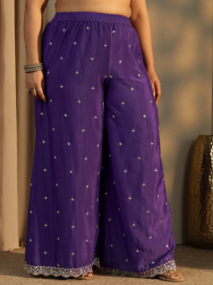Plus Size Purple Embroidered Chinon Straight Suit Set With Dupatta