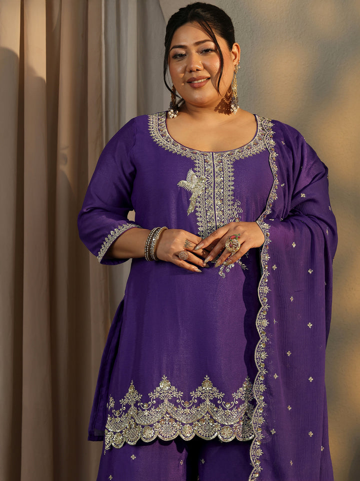 Plus Size Purple Embroidered Chinon Straight Suit Set With Dupatta