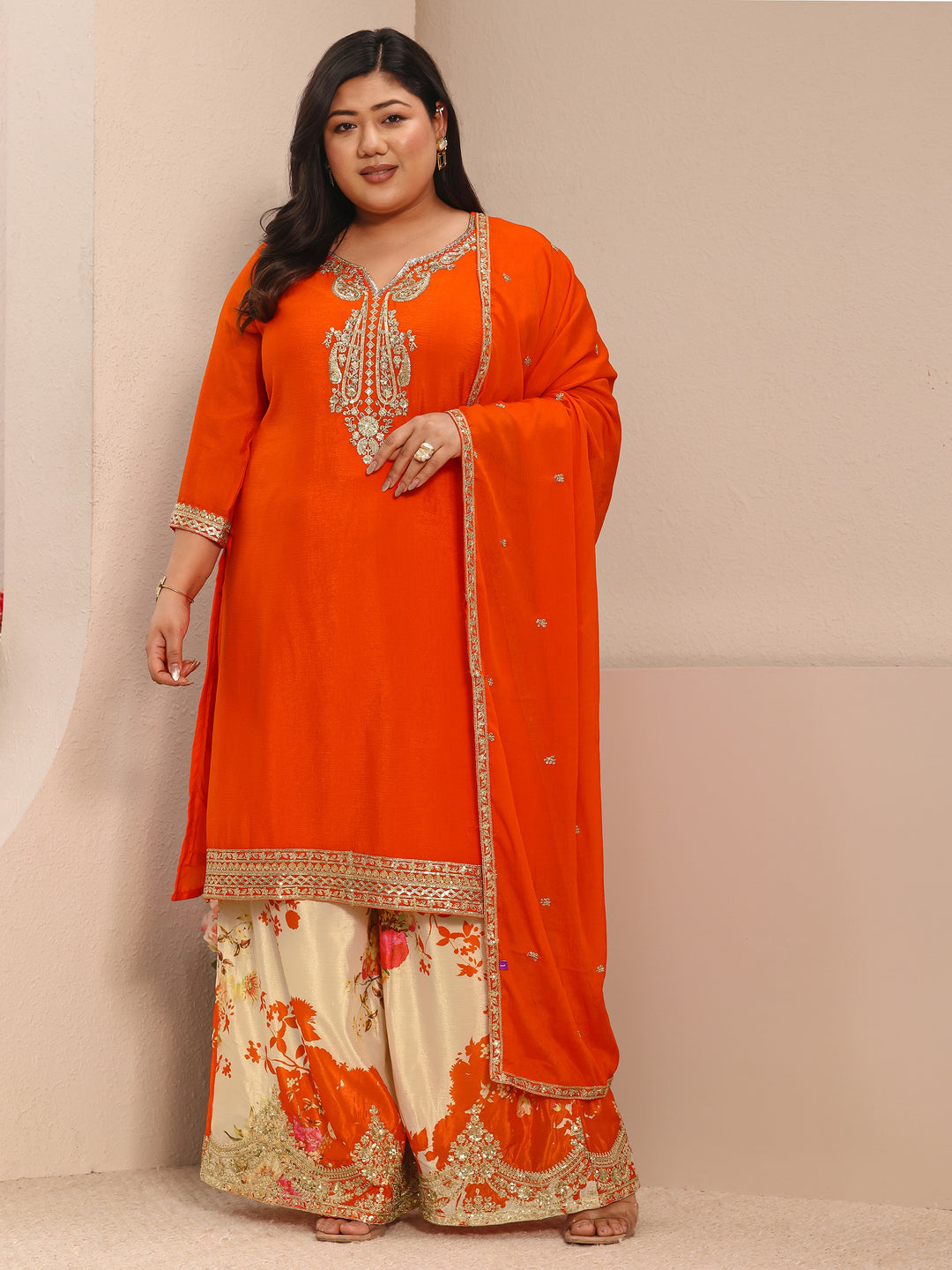 Plus Size Orange Embroidered Chinon Straight Suit Set With Dupatta