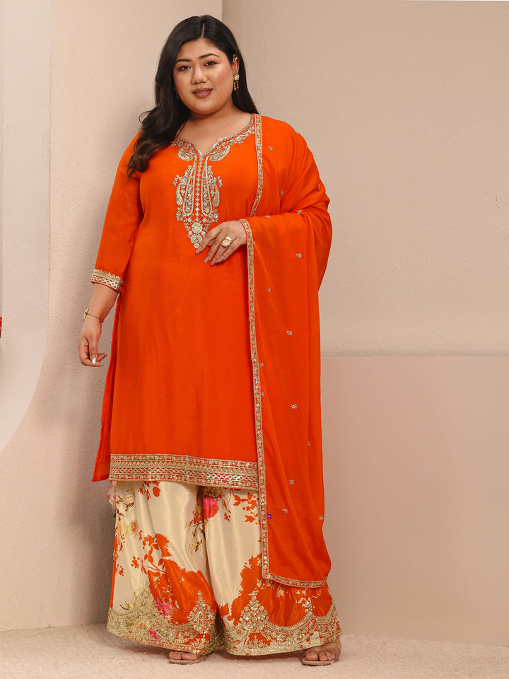 Plus Size Orange Embroidered Chinon Straight Suit Set With Dupatta