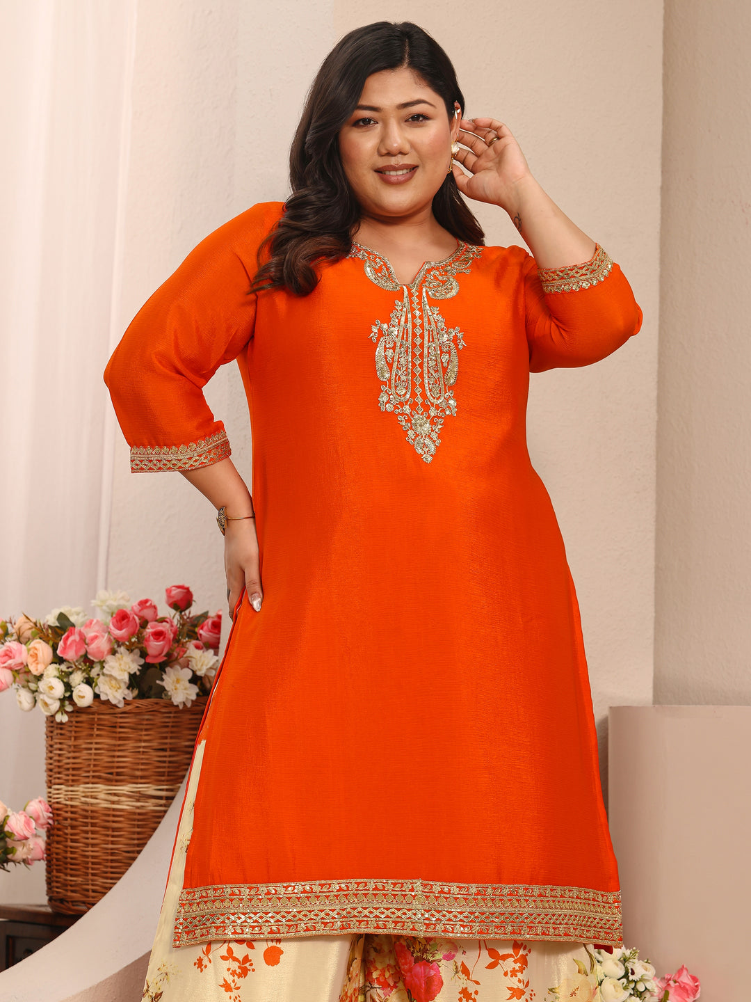 Plus Size Orange Embroidered Chinon Straight Suit Set With Dupatta