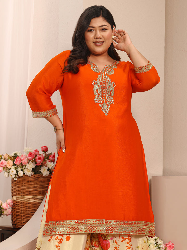 Plus Size Orange Embroidered Chinon Straight Suit Set With Dupatta