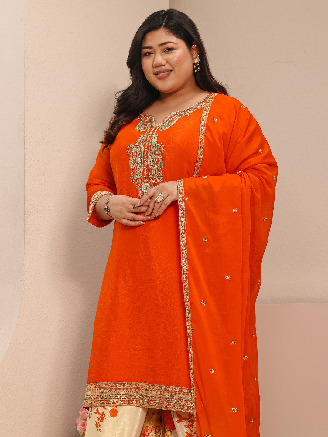 Plus Size Orange Embroidered Chinon Straight Suit Set With Dupatta