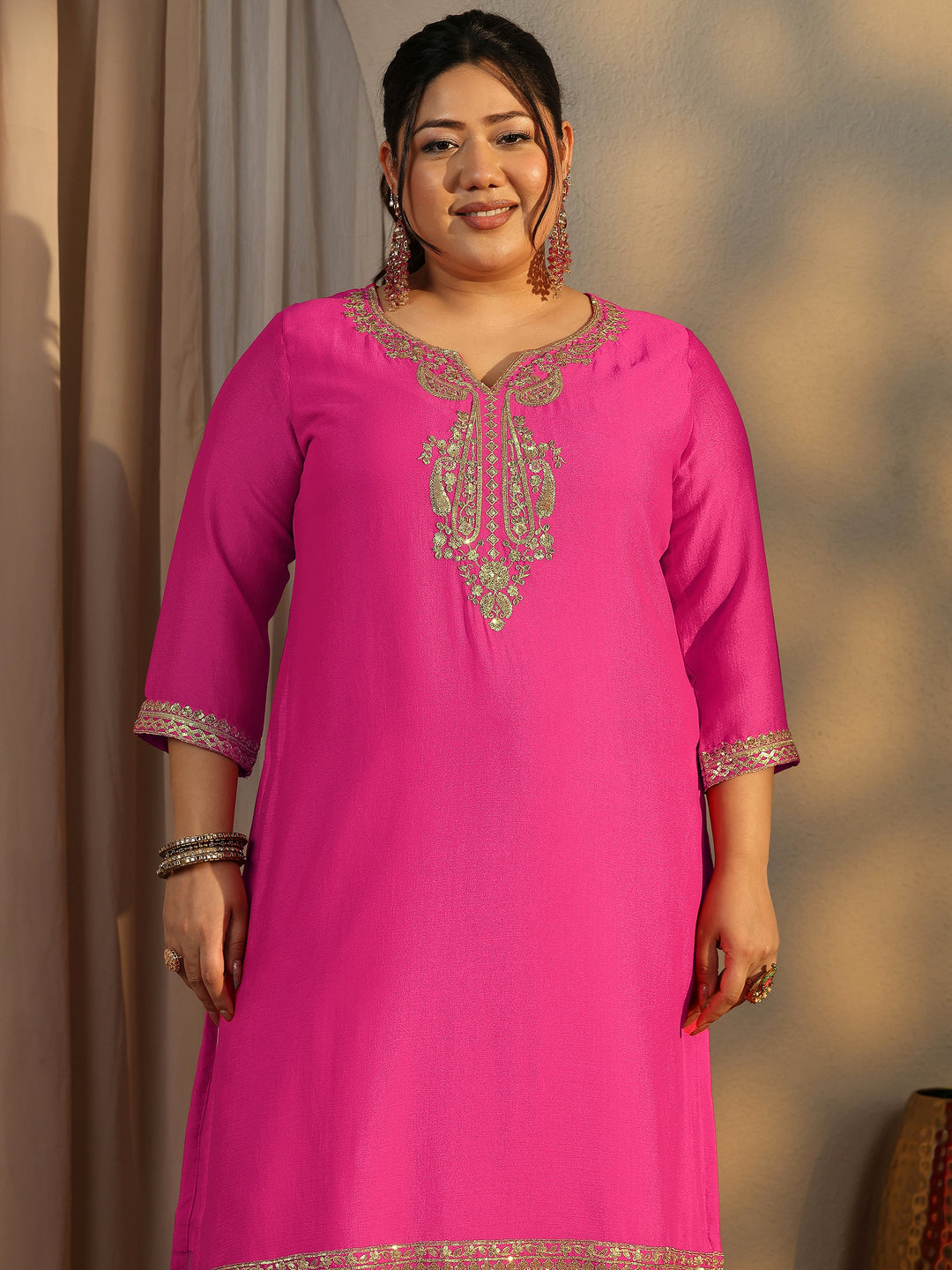 Plus Size Pink Embroidered Chinon Straight Suit Set With Dupatta