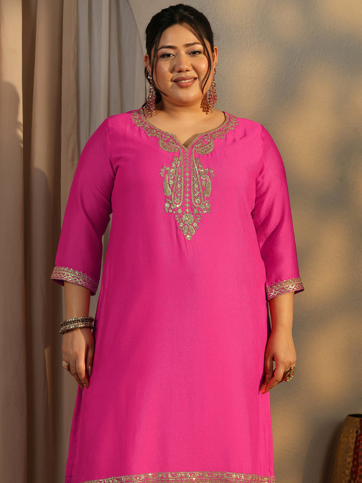 Plus Size Pink Embroidered Chinon Straight Suit Set With Dupatta