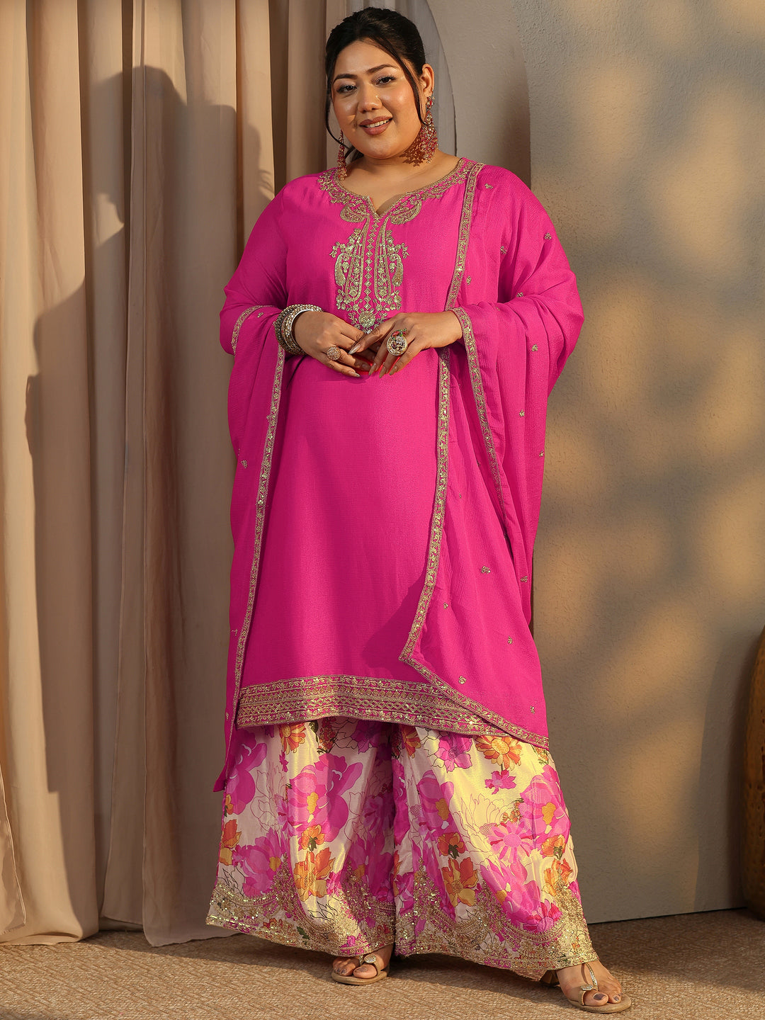Plus Size Pink Embroidered Chinon Straight Suit Set With Dupatta