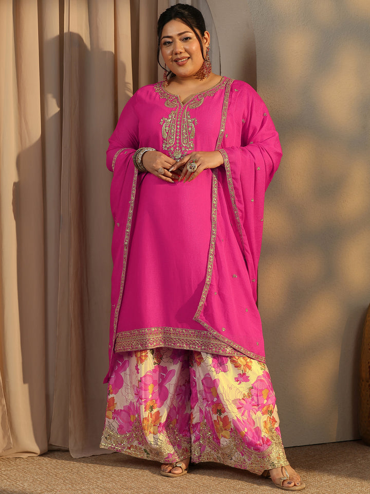 Plus Size Pink Embroidered Chinon Straight Suit Set With Dupatta
