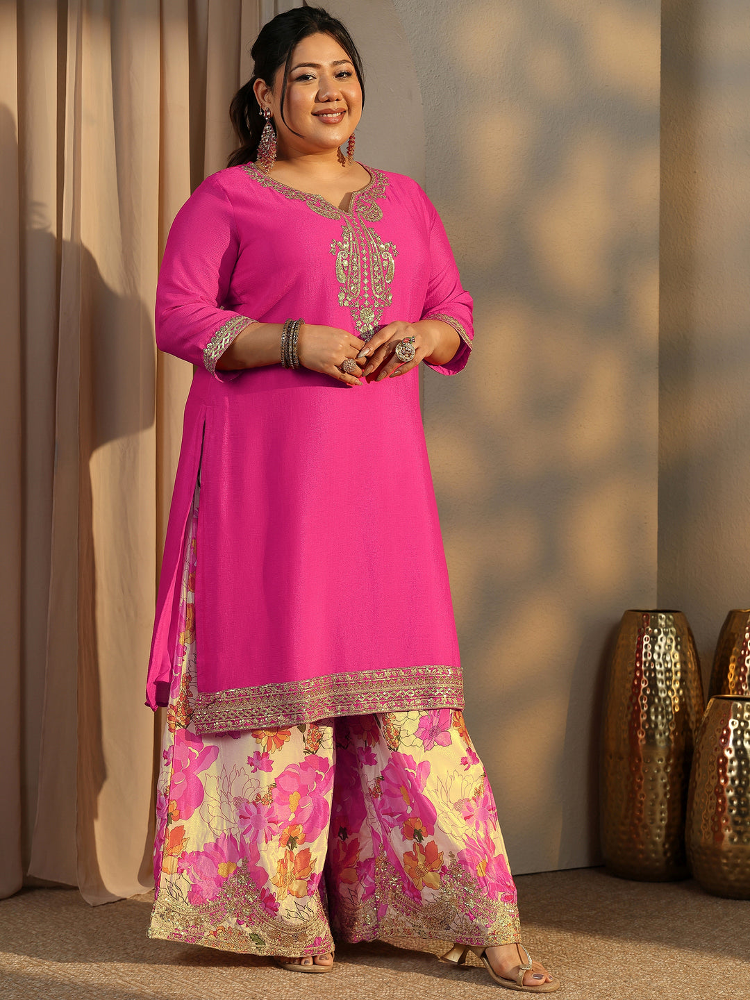 Plus Size Pink Embroidered Chinon Straight Suit Set With Dupatta