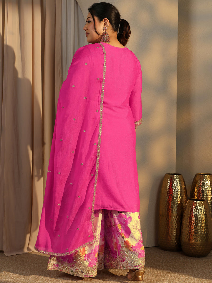 Plus Size Pink Embroidered Chinon Straight Suit Set With Dupatta