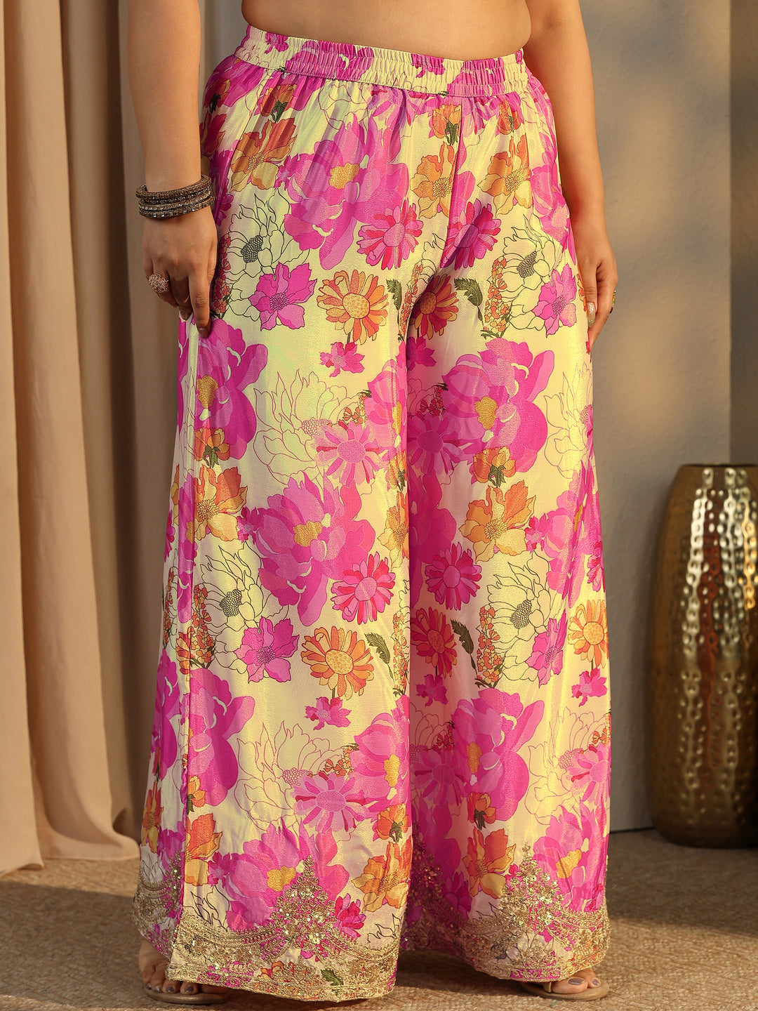 Plus Size Pink Embroidered Chinon Straight Suit Set With Dupatta