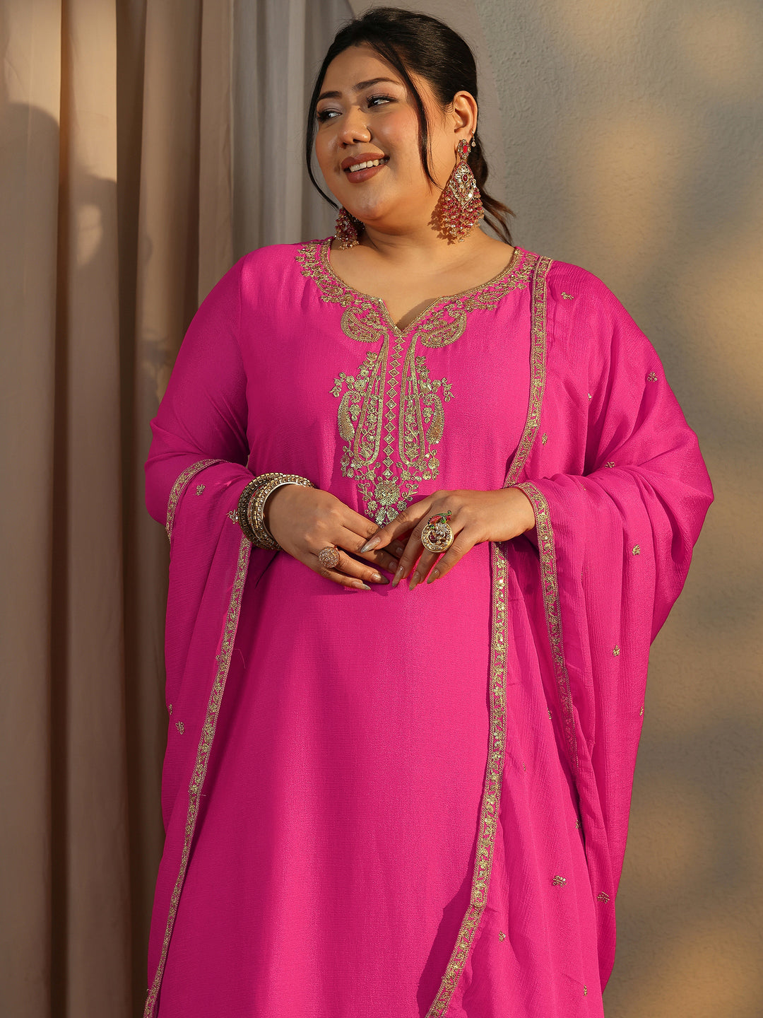 Plus Size Pink Embroidered Chinon Straight Suit Set With Dupatta
