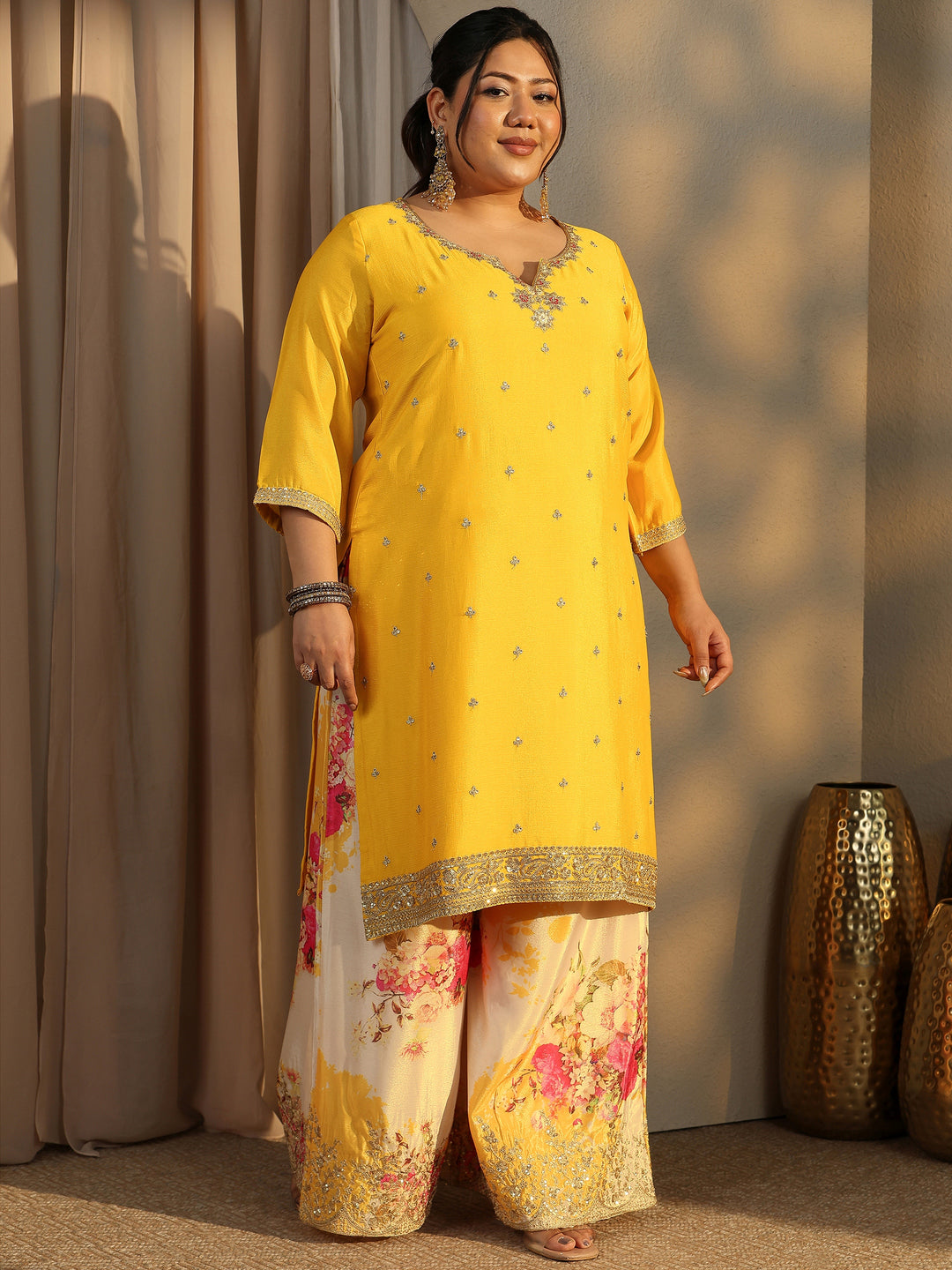 Plus Size Yellow Embroidered Chinon Straight Suit Set With Dupatta