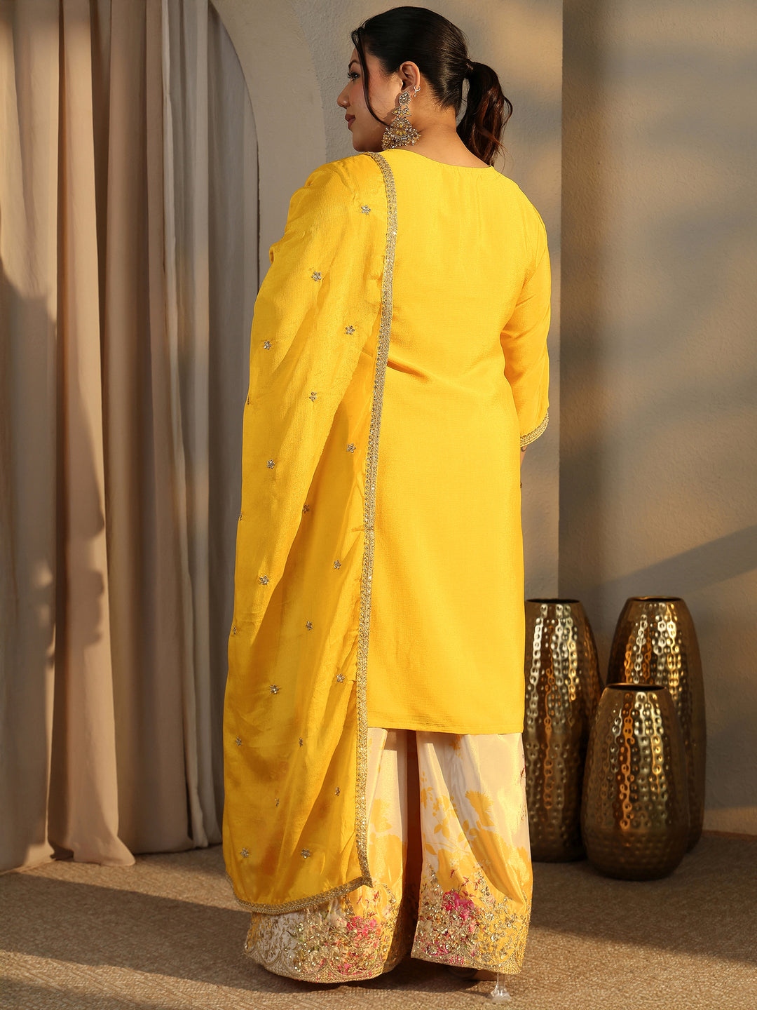 Plus Size Yellow Embroidered Chinon Straight Suit Set With Dupatta