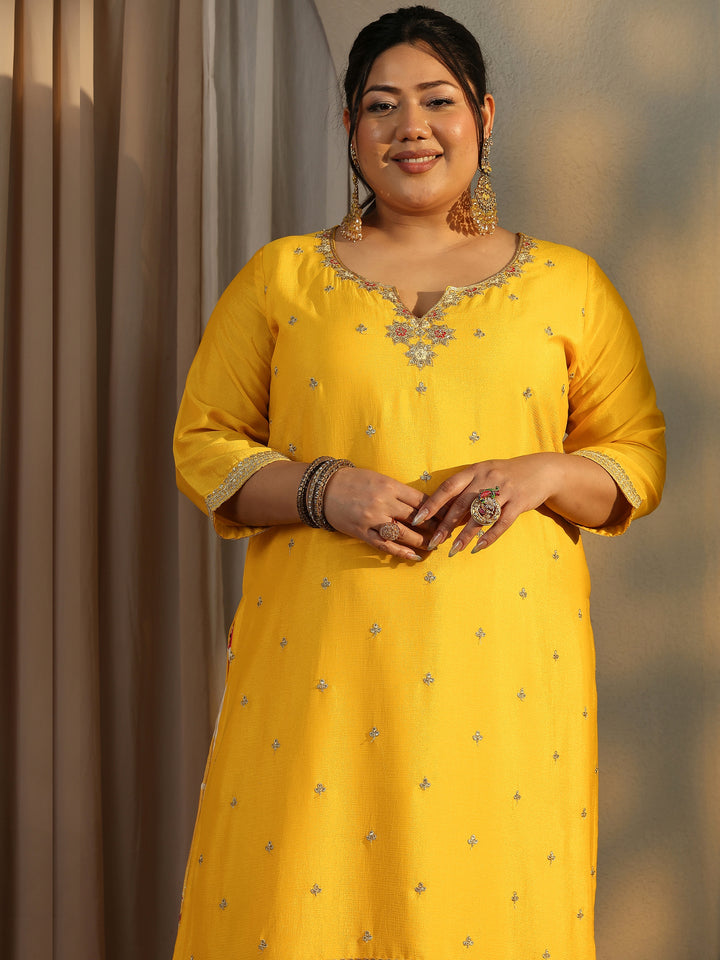 Plus Size Yellow Embroidered Chinon Straight Suit Set With Dupatta
