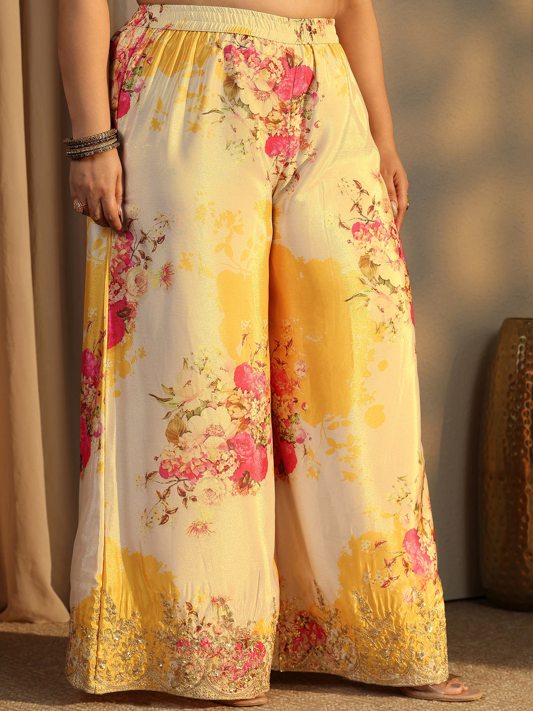 Plus Size Yellow Embroidered Chinon Straight Suit Set With Dupatta
