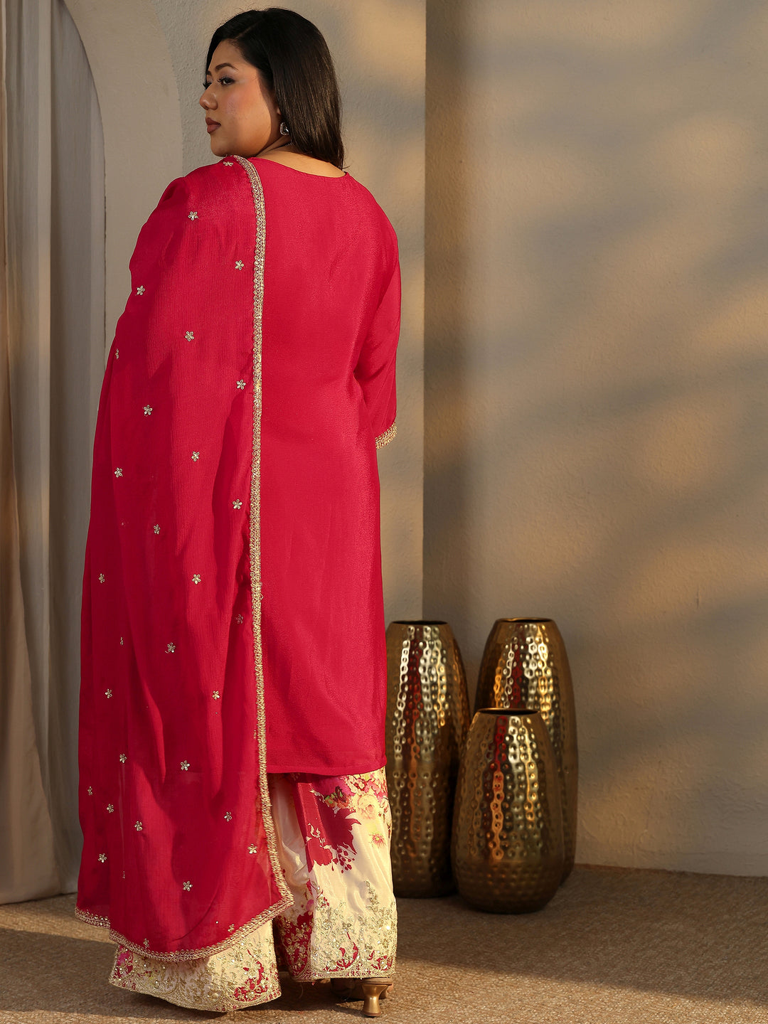 Plus Size Red Embroidered Chinon Straight Suit Set With Dupatta