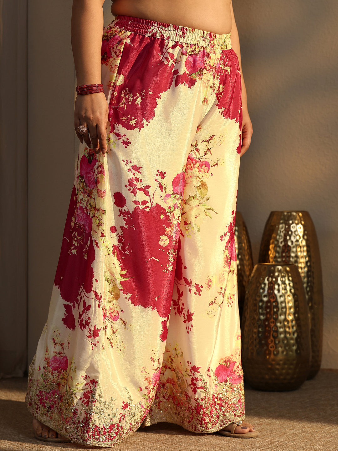 Plus Size Red Embroidered Chinon Straight Suit Set With Dupatta