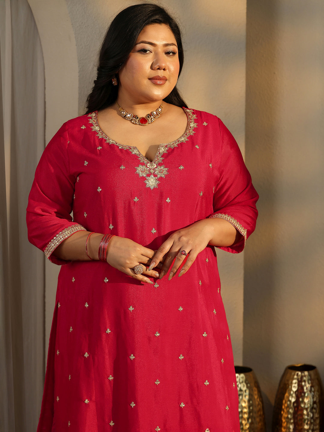Plus Size Red Embroidered Chinon Straight Suit Set With Dupatta